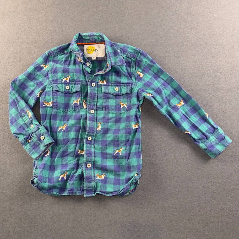 Boden Kids Teal Purple Plaid Embroidered Dog Flannel Shirt 6-7Y B1672